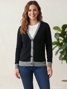 CASLON Black Gray Colorblock V-Neck Cardigan Sweater XSP Angora Blend Soft Knit